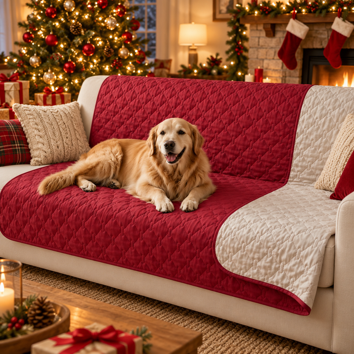 Golden retriever on a wine red quilted blanket covering a sofa in a Christmas living room