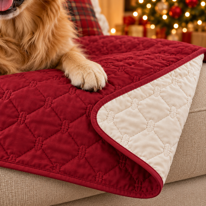 Close-up of the reversible wine red and cream quilting