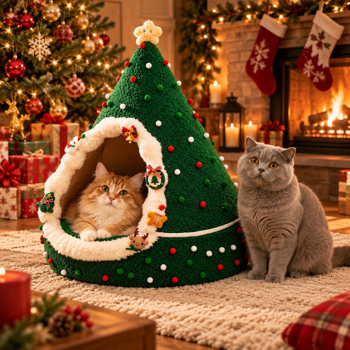 Two cats with the Christmas tree cat cave by the fireplace