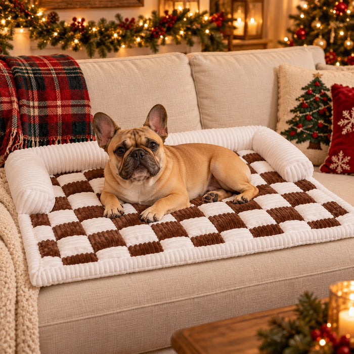 Cocoa checkerboard pet sofa bed used as a couch topper with a French bulldog