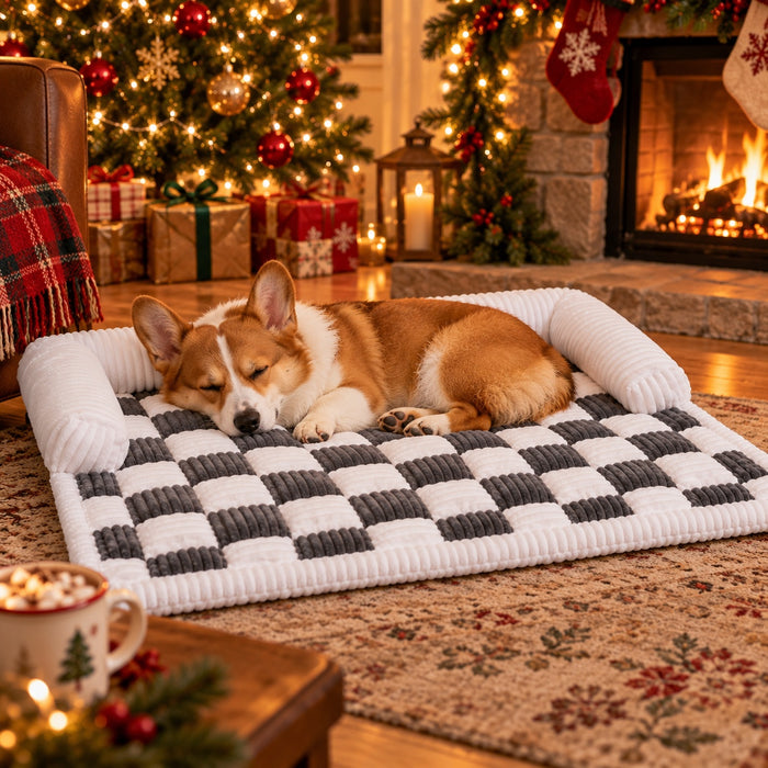 Smoke checkerboard pet sofa bed with a sleeping corgi by the fireplace