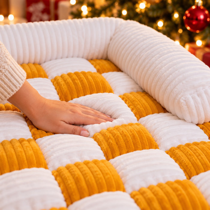 Close-up of puffy quilted checker squares and ribbed plush bolster