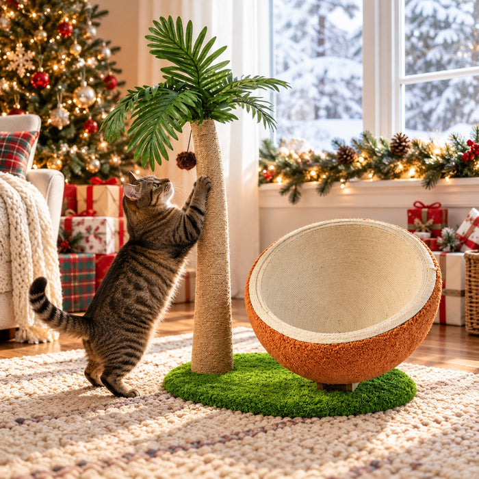 Tabby cat stretching up to scratch the sisal palm trunk on Christmas morning