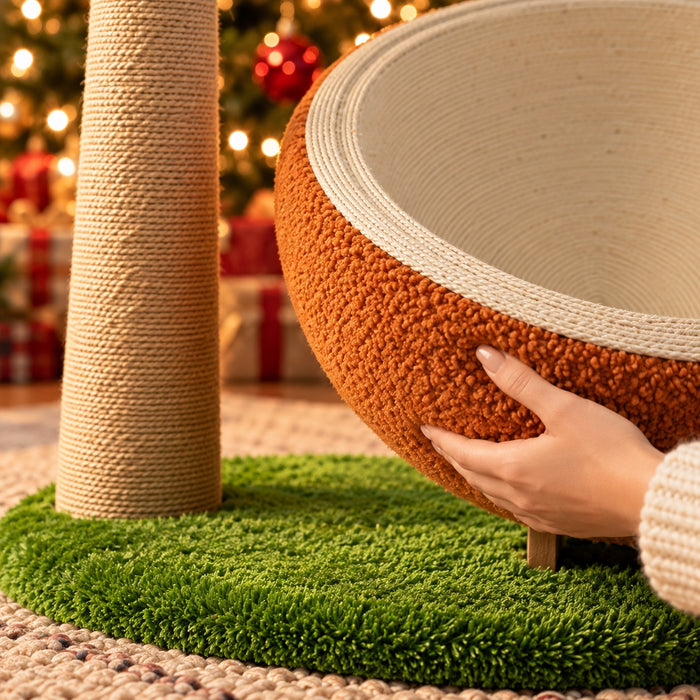 Close-up of teddy fleece shell, woven sisal lining, sisal trunk and faux grass base