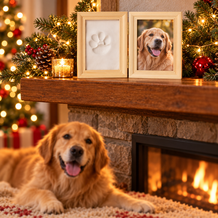 Paw print frame on a Christmas mantel with a golden retriever below