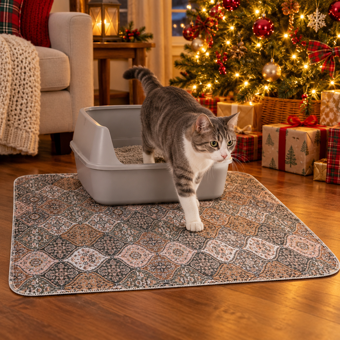 Cat stepping out of a litter box onto a vintage rug washable pee pad beside a Christmas tree