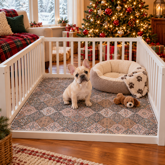 French bulldog puppy in a playpen lined with the washable rug pee pad