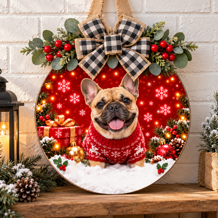Personalized sign with a French bulldog photo and black gingham bow