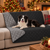 Border collie on the black quilted blanket with grey reverse on a sofa