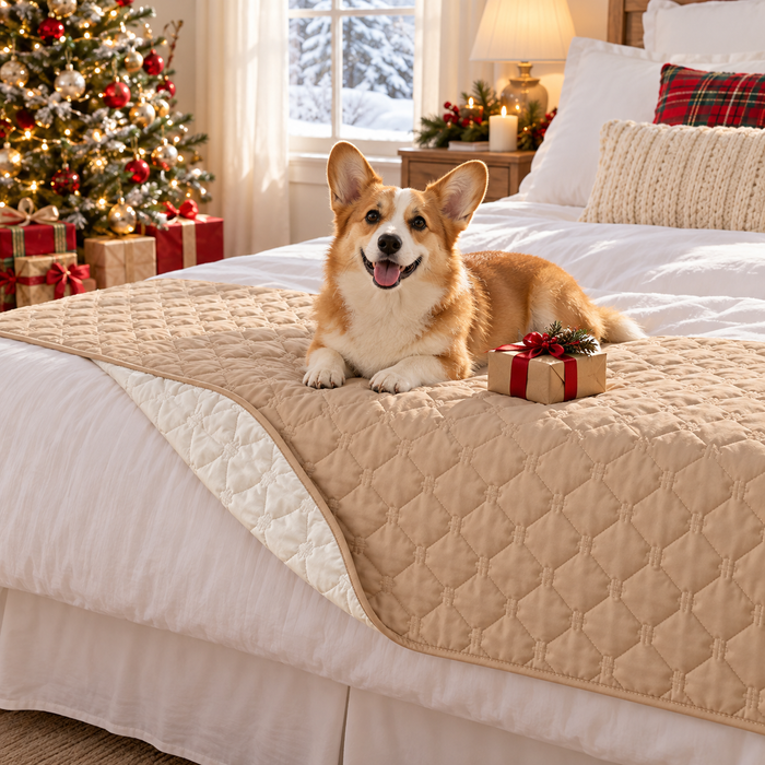 Corgi on the camel quilted blanket at the foot of a bed on Christmas morning