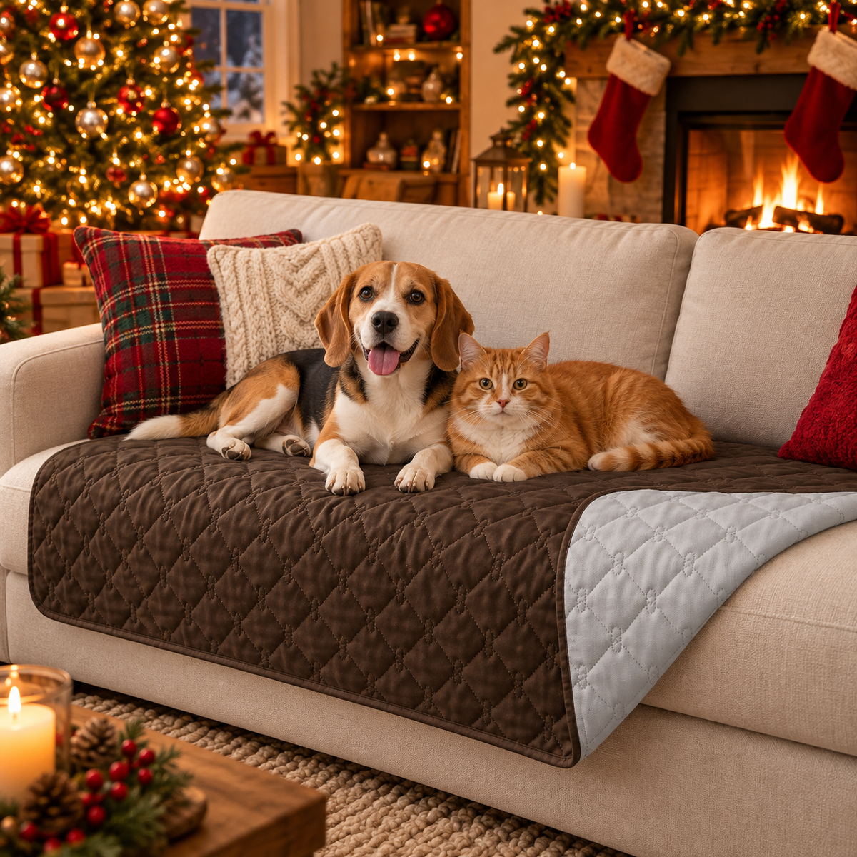 Beagle and cat on the brown quilted blanket on a sofa by the fireplace