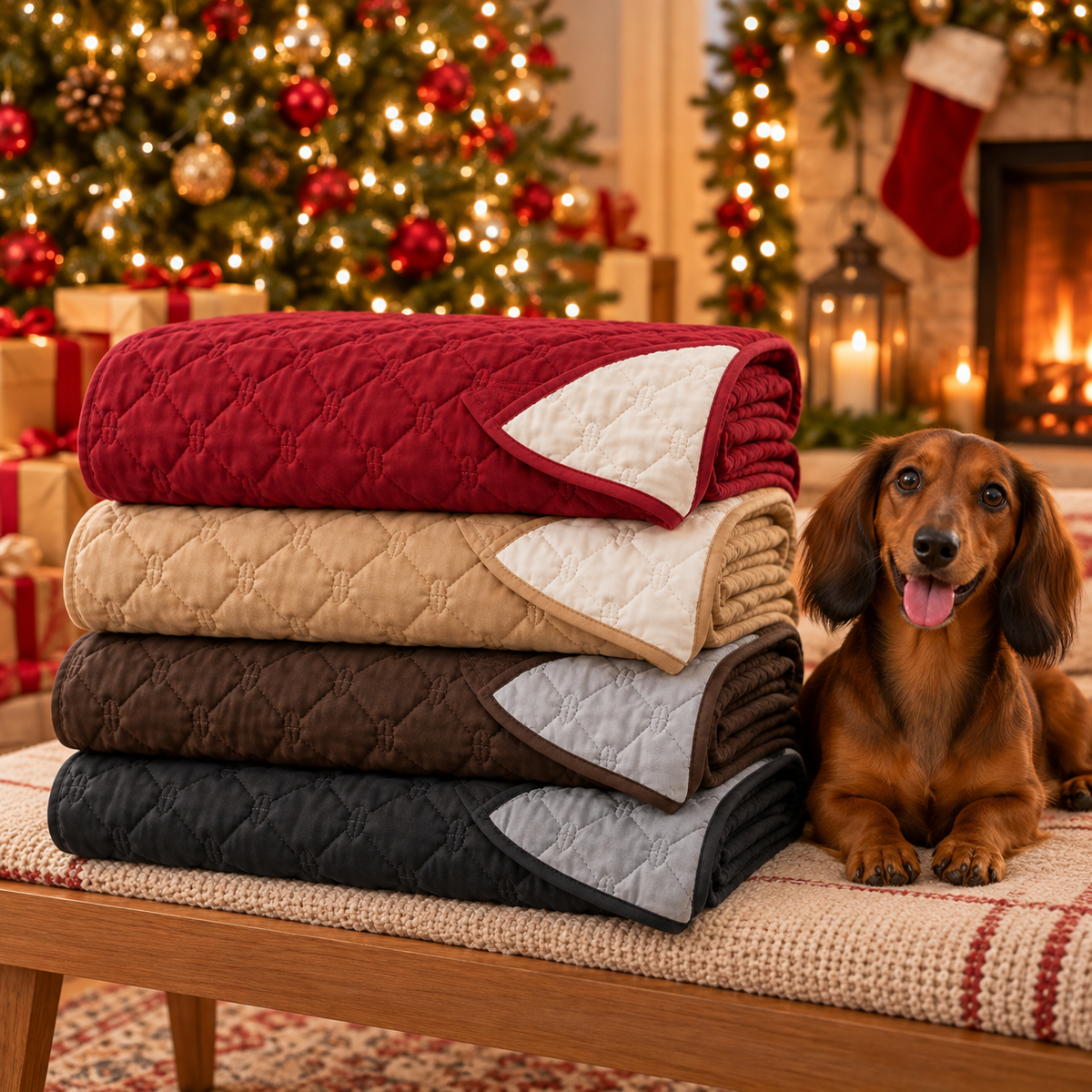 Four colors: wine red, camel, brown and black blankets stacked by a Christmas tree