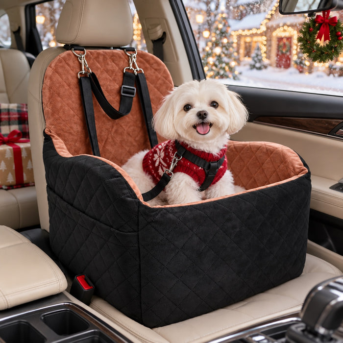 Cinnamon quilted dog car seat with a Maltese on the front seat on a snowy Christmas day