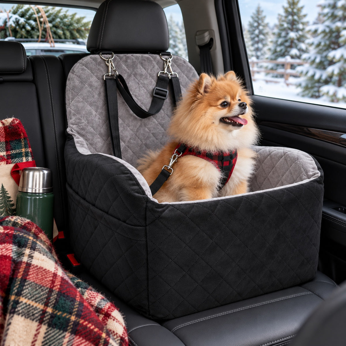 Graphite dog car seat with a Pomeranian on the back seat on the way to a Christmas tree farm