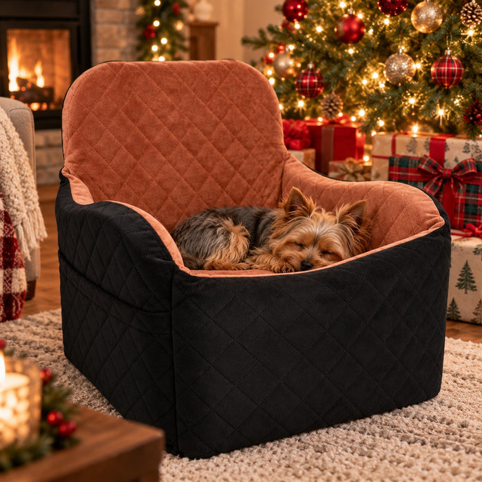 Dog car seat used as a cozy home bed by the Christmas tree with a Yorkie