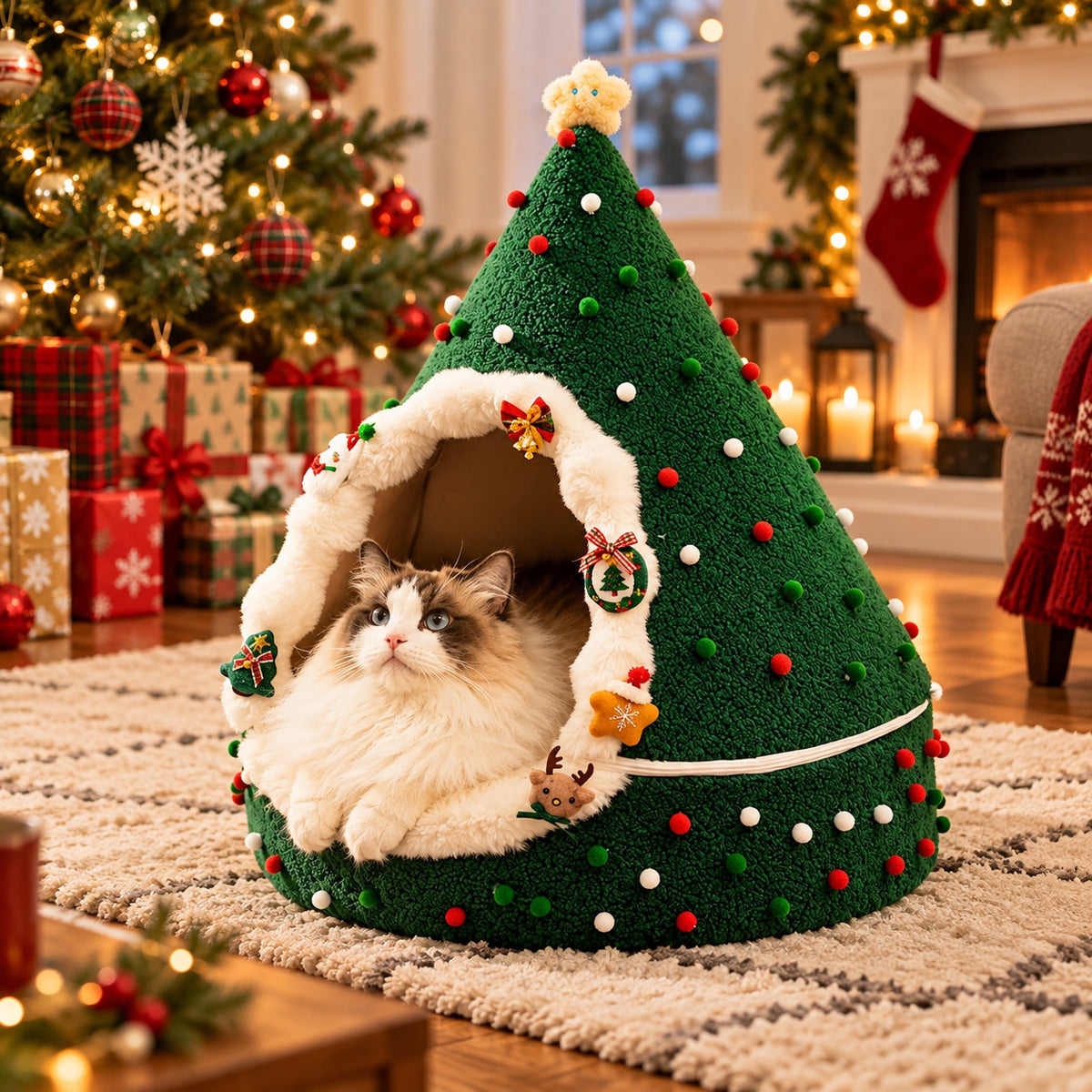 Green Christmas tree cat cave with pom-poms and a Ragdoll cat inside by the Christmas tree