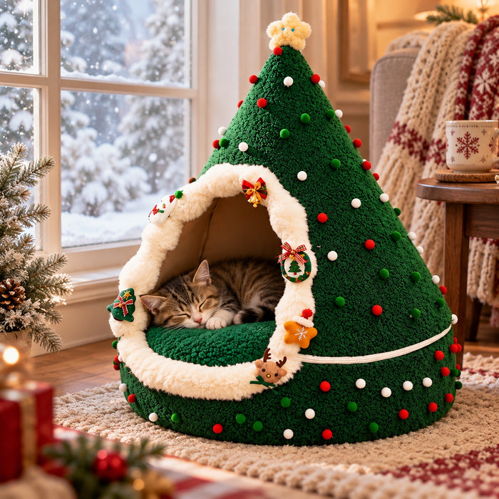 Tabby kitten asleep inside the Christmas tree cat cave by a snowy window