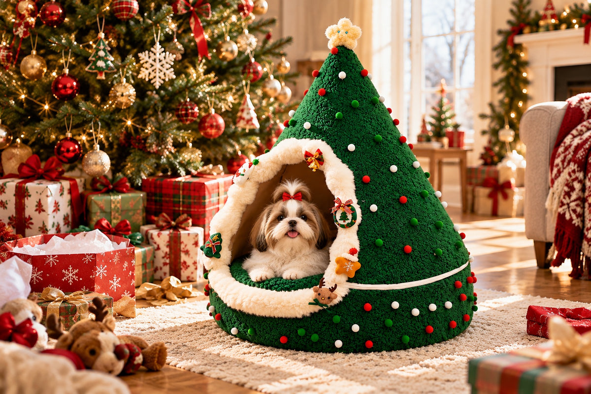 Shih Tzu puppy in the large Christmas tree cave on Christmas morning