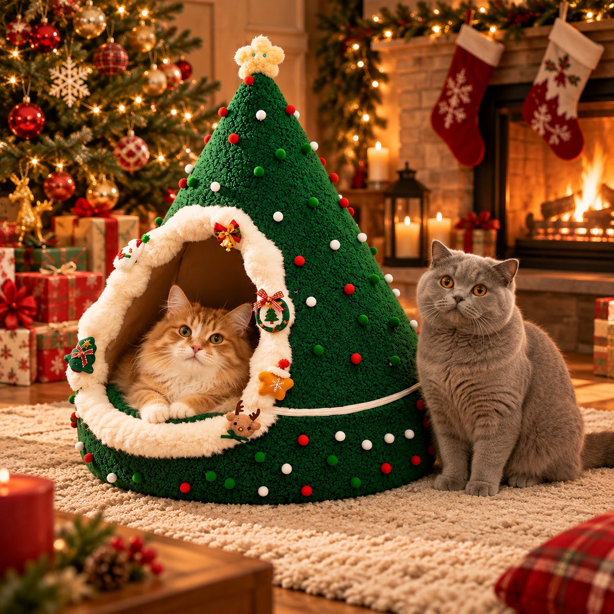 Two cats with the Christmas tree cat cave by the fireplace