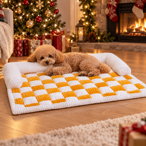 Honey checkerboard plush pet sofa bed with a toy poodle by the Christmas tree