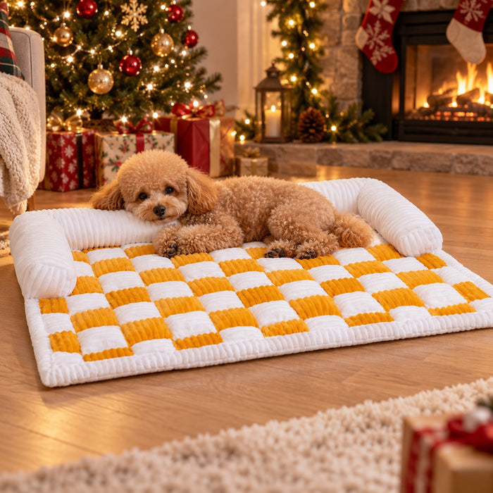 Honey checkerboard plush pet sofa bed with a toy poodle by the Christmas tree