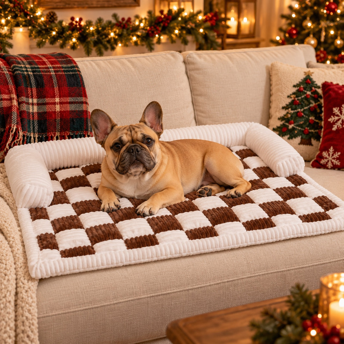 Cocoa checkerboard pet sofa bed used as a couch topper with a French bulldog