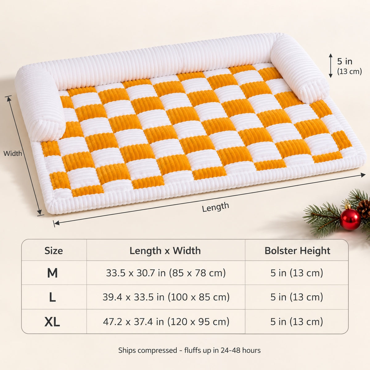 Size chart: M 33.5 x 30.7 in, L 39.4 x 33.5 in, XL 47.2 x 37.4 in