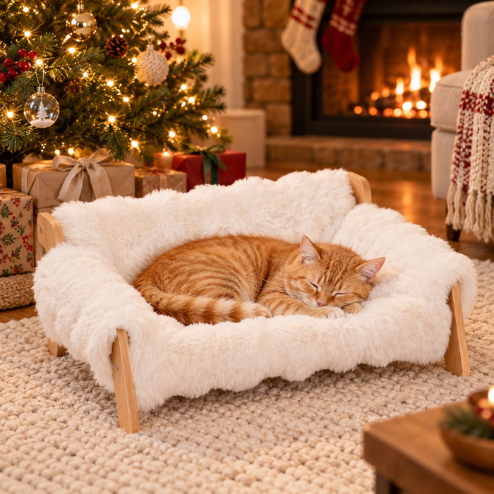 Cloud Lounger elevated pet sofa bed in Cream White with a sleeping orange cat by the Christmas tree