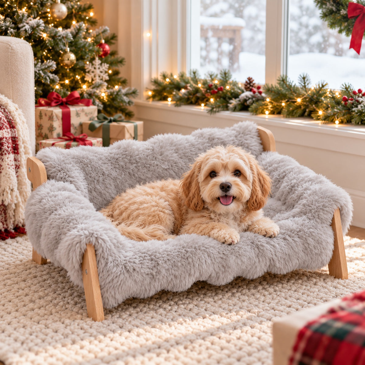 Cloud Gray elevated pet sofa bed with a Cavapoo puppy by a snowy window