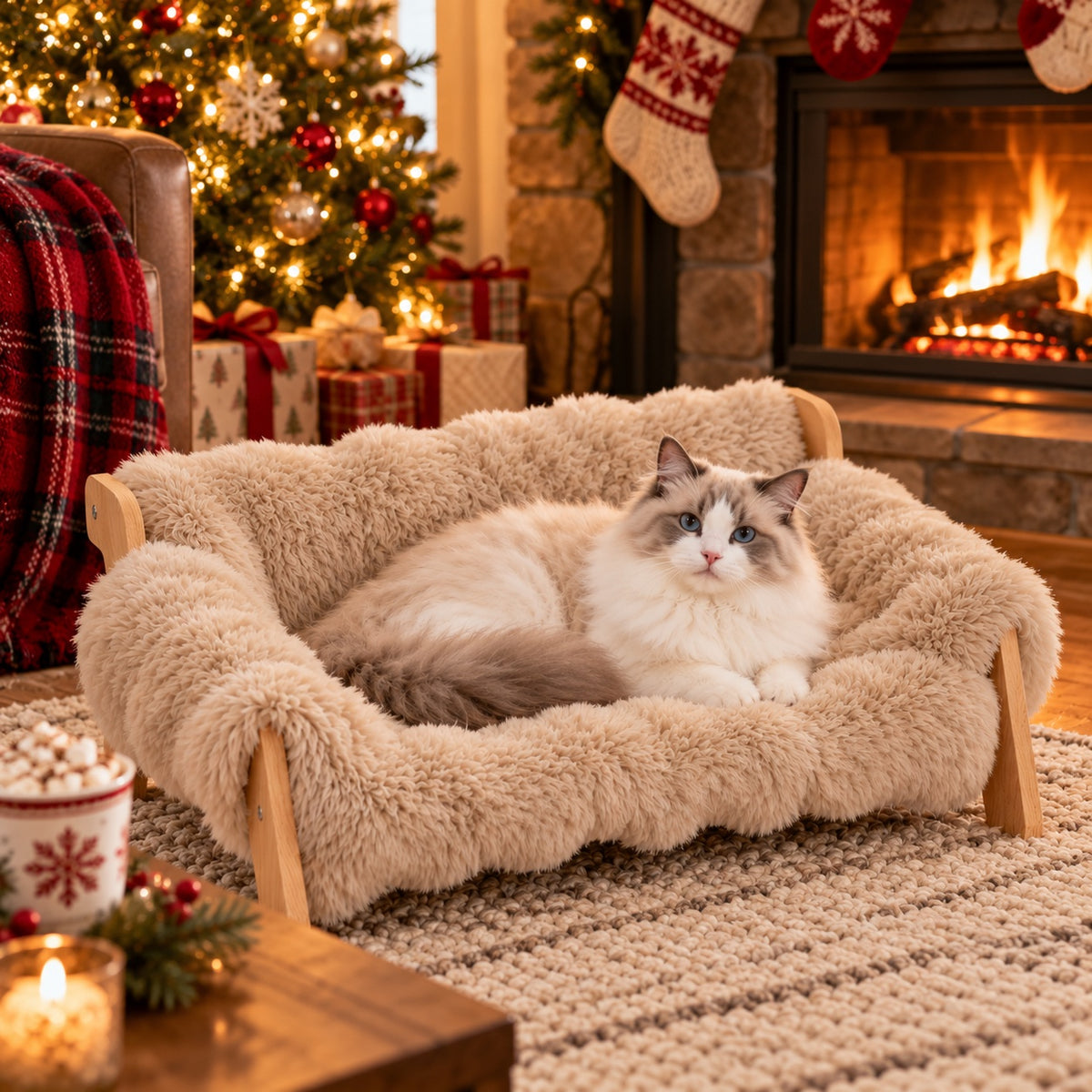 Oat Khaki elevated pet sofa bed with a Ragdoll cat by the fireplace
