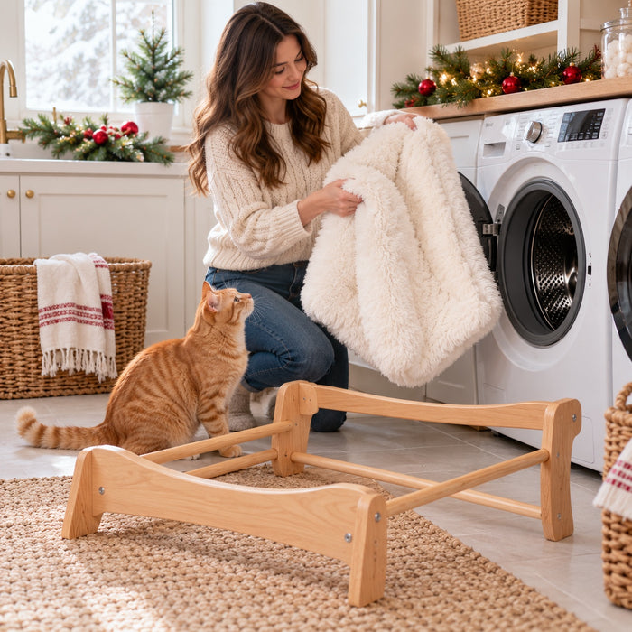 Removable faux-fur cover going into the washing machine next to the wood frame