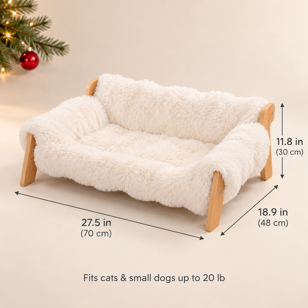 Size chart: 27.5 x 18.9 x 11.8 in, fits cats and small dogs up to 20 lb
