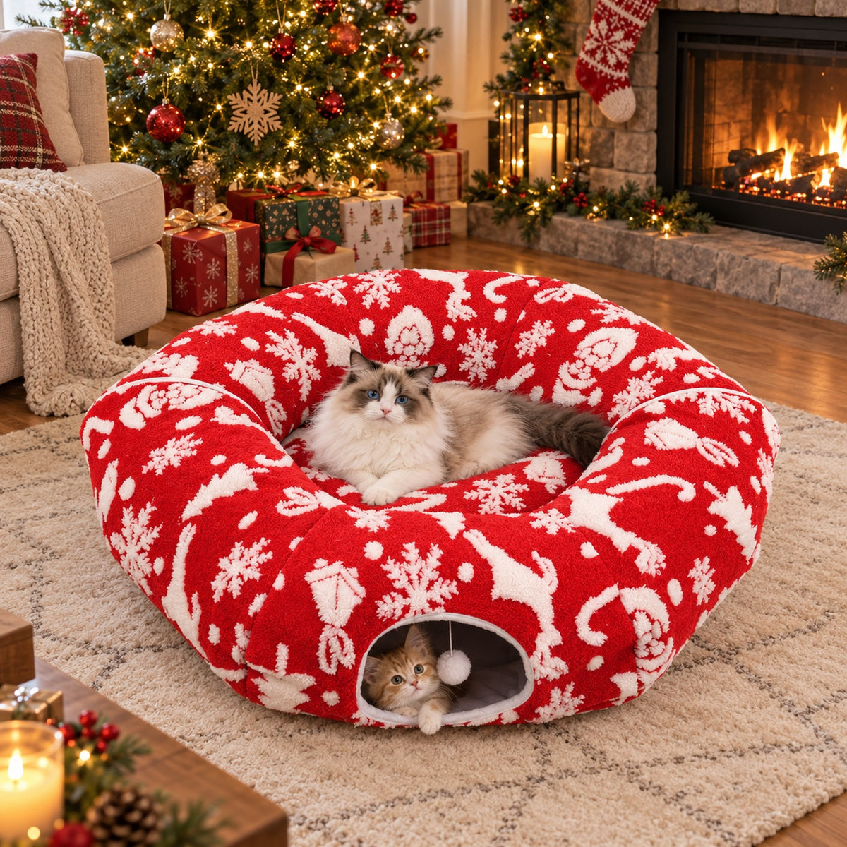 Red Christmas donut tunnel cat bed with a Ragdoll cat in the center and a kitten in the tunnel