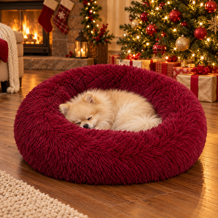 Pomeranian asleep in a wine red fluffy donut bed beside a Christmas tree