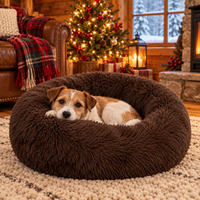 Jack Russell terrier in a coffee brown fluffy donut bed