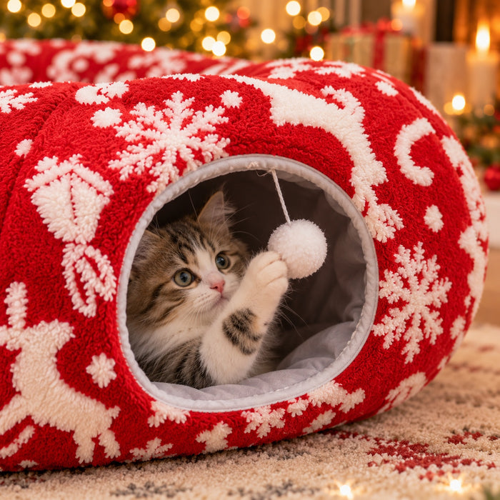 Close-up of the tunnel entrance with grey lining and white pom-pom