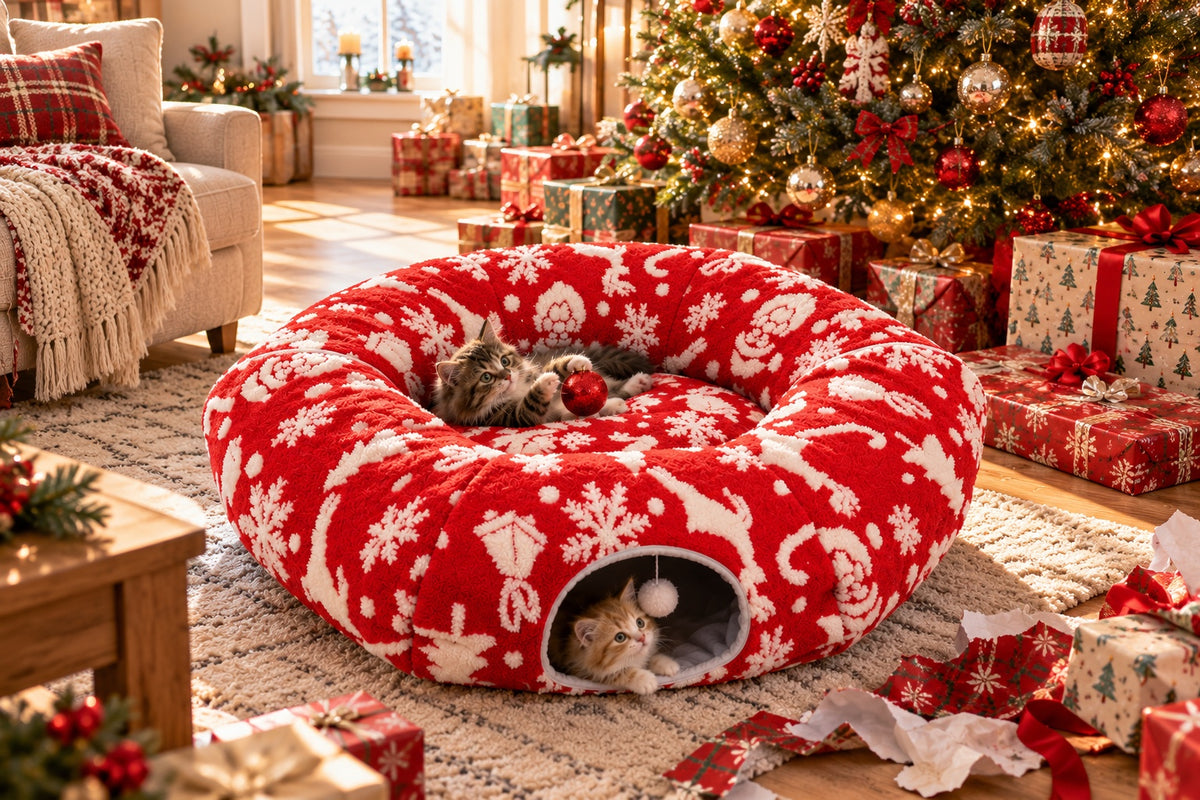Two kittens playing in the donut tunnel bed on Christmas morning