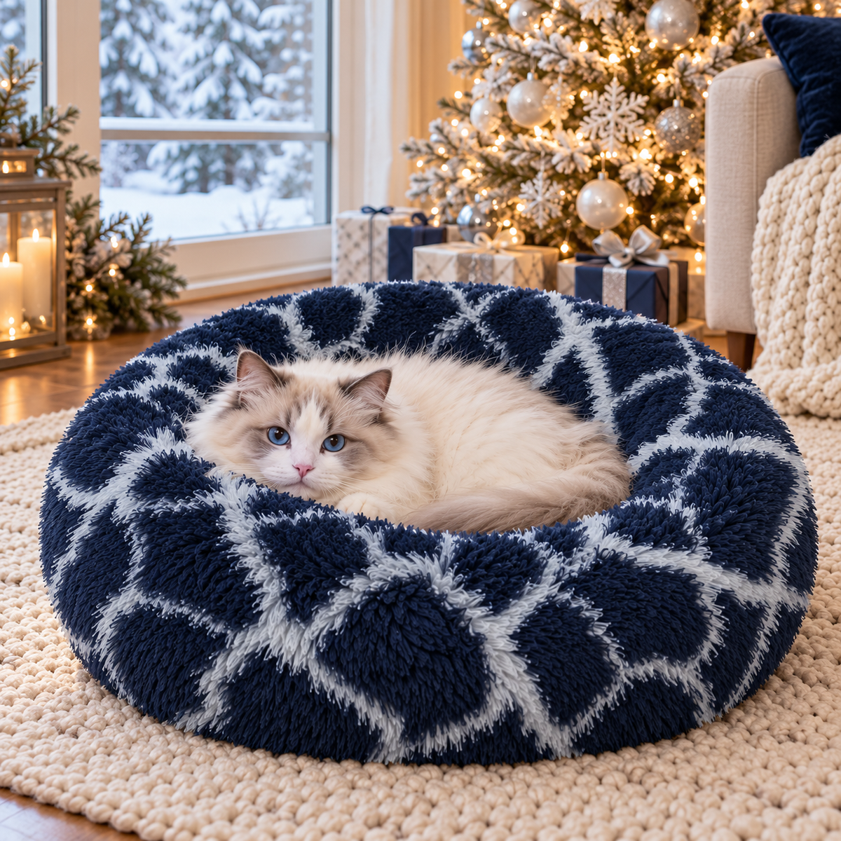 Ragdoll cat in a navy marble fluffy donut bed