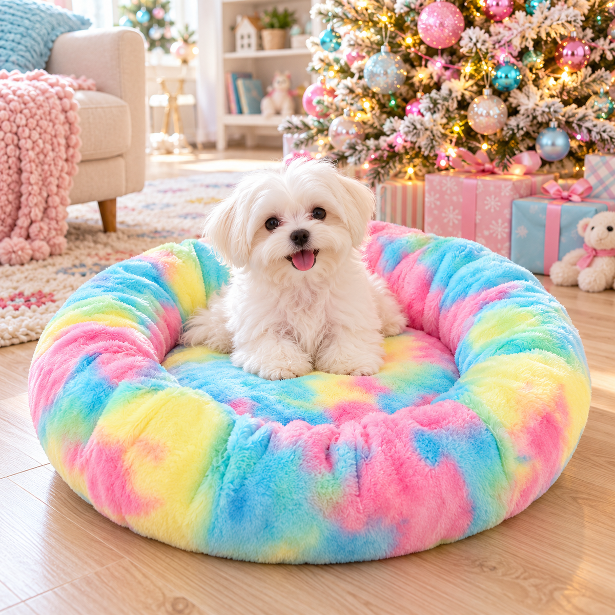 Maltese puppy in a pastel tie-dye donut bed