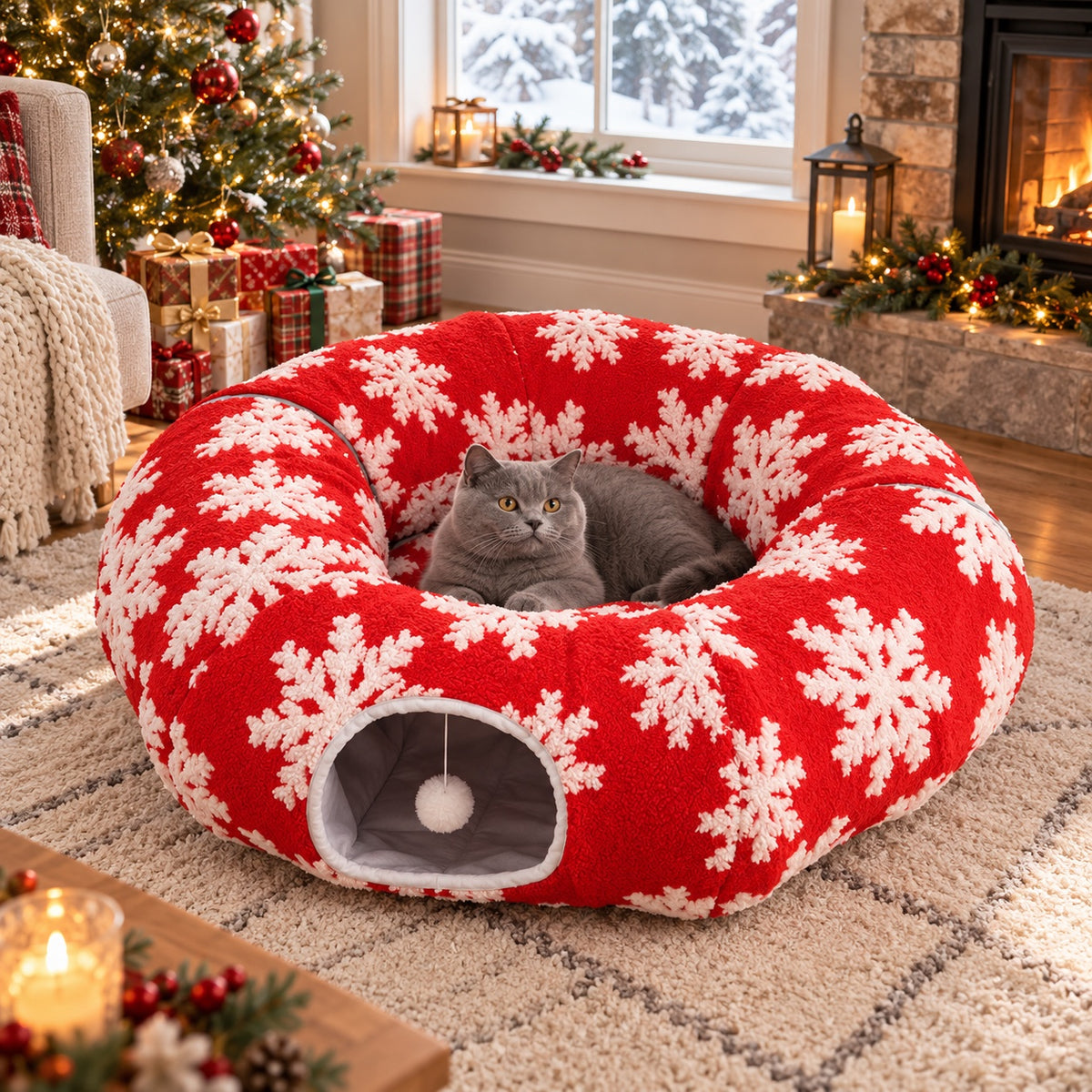 Red Snowflake donut tunnel bed with a British Shorthair cat