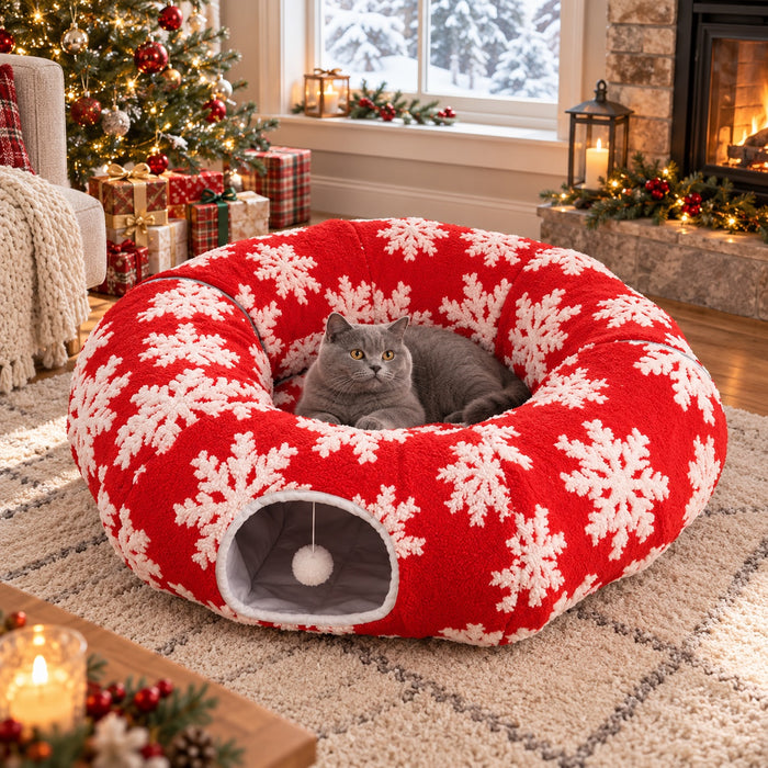 Red Snowflake donut tunnel bed with a British Shorthair cat