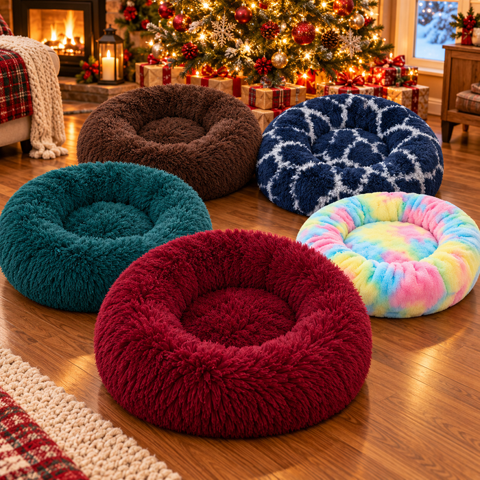 Five colors of the donut bed in front of a Christmas tree