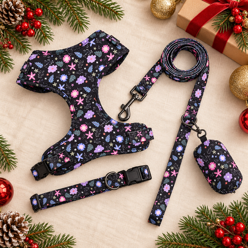 Midnight floral 4-piece set: harness, collar, leash and poop-bag holder