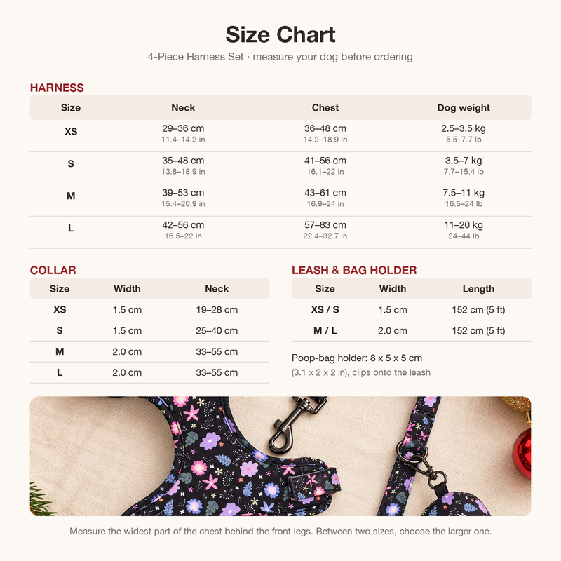 Size chart for the 4-piece harness set: harness, collar, leash and poop-bag holder