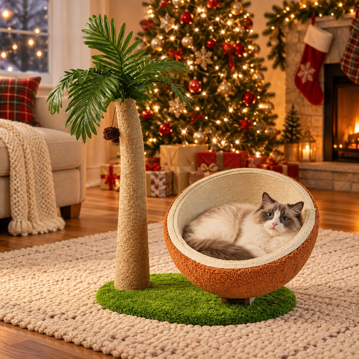 Coconut palm cat tree with a Ragdoll cat curled in the coconut bed by the Christmas tree