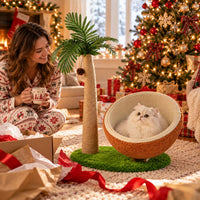 Coconut palm cat tree unwrapped as a Christmas gift with a white Persian cat in the bed