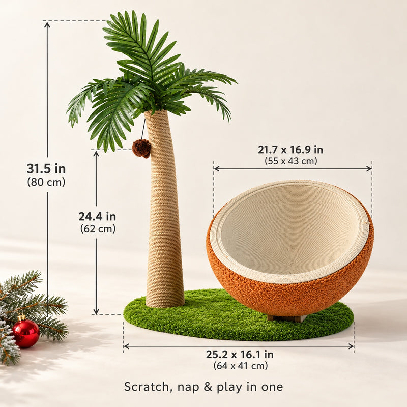 Size chart: 31.5 in tall, base 25.2 x 16.1 in, coconut bed 21.7 x 16.9 in
