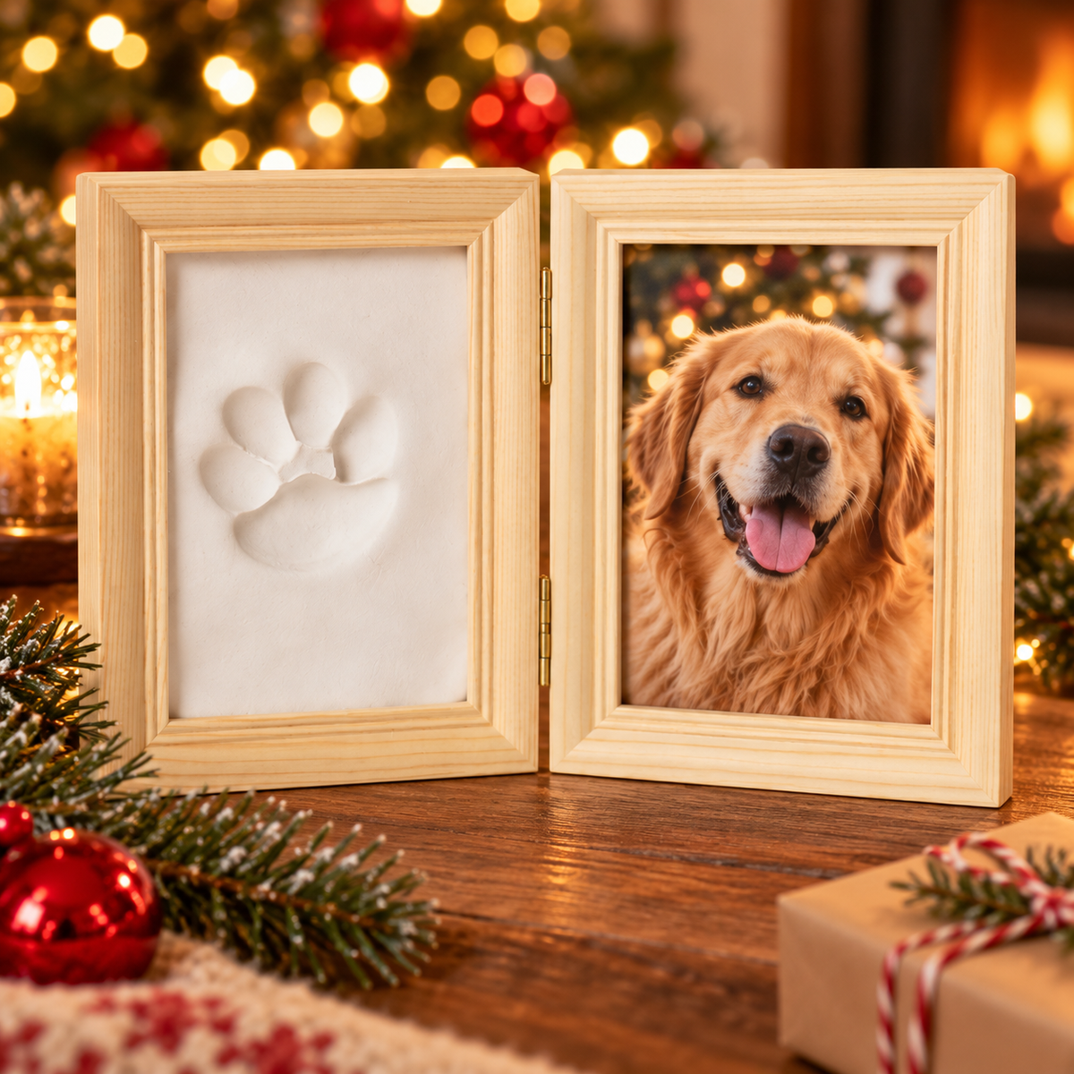 Natural wood double frame with a clay paw print and a dog photo