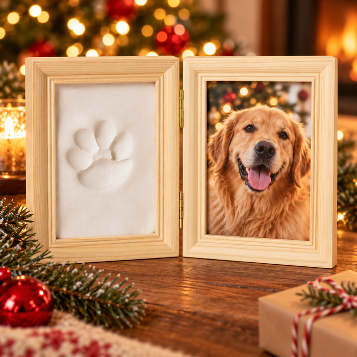 Natural wood double frame with a clay paw print and a dog photo