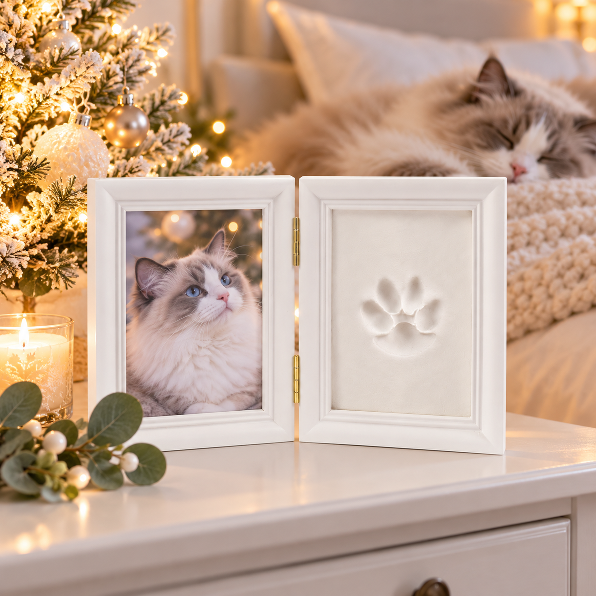 White frame with a cat photo and paw print on a nightstand